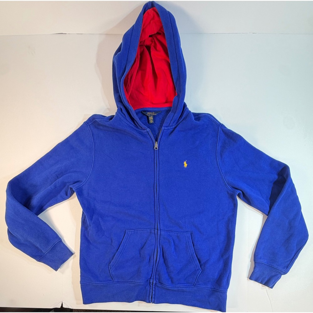 Polo Ralph Lauren Boys XL 18-20 Blue Full Zip Hoodie Red Lining Yellow Pony